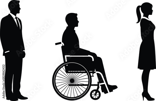 Business people silhouettes showing wheelchair disability and standing figures, social inclusion accessibility concept, equality, support, healthcare, diversity, isolated on white 