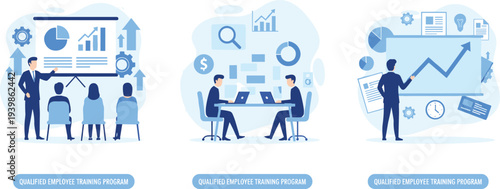 Set of Flat Vector Illustrations for Qualified Employee Training Program Featuring Corporate Presentations Team Learning and Data Analysis