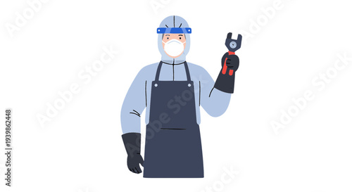 Worker in protective suit and face shield vector. Industrial technician holding a wrench, wearing safety gear for hazardous environments or cleanroom maintenance. Safety first concept.