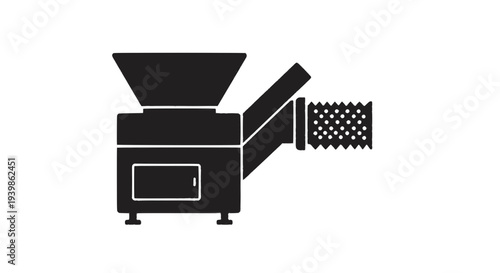 Industrial shredder and hopper machine vector. Silhouette of manufacturing equipment for waste management, recycling, or material processing. Heavy machinery icon for factory production.