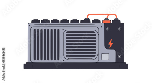 Industrial electrical generator vector illustration. Backup power supply unit for factory, construction site, or emergency energy. Technical machine for electricity production and distribution.