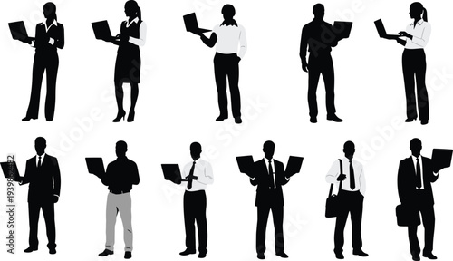 Business people silhouette collection showing men and women professionals using laptops, modern corporate teamwork, digital office work, technology and professional lifestyle isolated on white 