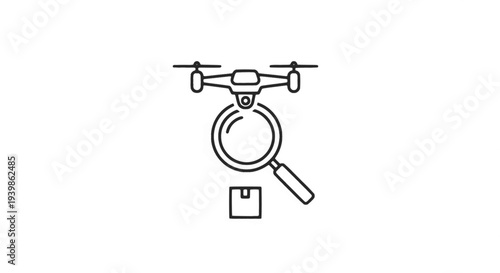 Drone delivery tracking and logistics inspection concept. Vector icon of a quadcopter with magnifying glass scanning a package. Smart shipping, quality control, and automated courier service.