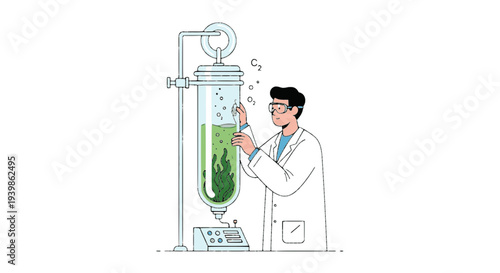 Scientist researching algae biofuel in bioreactor vector. Laboratory professional working on green energy and biotechnology. Sustainable science and renewable ecology illustration.