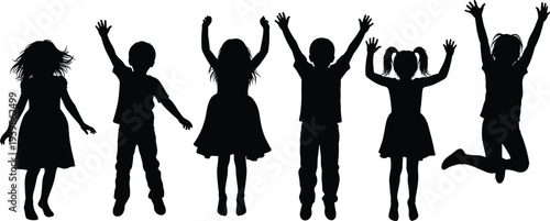Happy children silhouette jumping together with raised hands, joyful childhood energy, freedom and play concept, kids celebration isolated on white background design