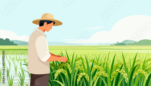 Farmer stands in lush green rice field. He gently holds stalks, checking crops' growth. Sunny sky floats above distant hills. Peaceful scene reflects rural farming lifestyle. Ideal for agricultural