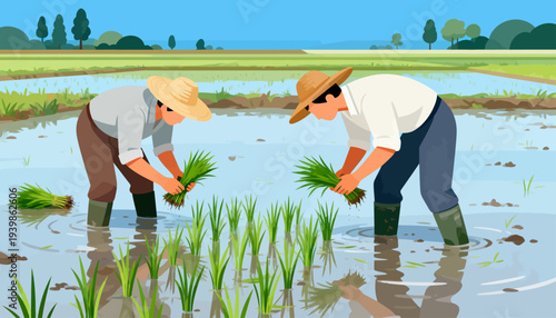Two farmers bend in shallow water, planting rice seedlings. They wear hats and boots, working together. Sunlight glows over the green fields. Rice plants grow tall in rows. The scene feels peaceful