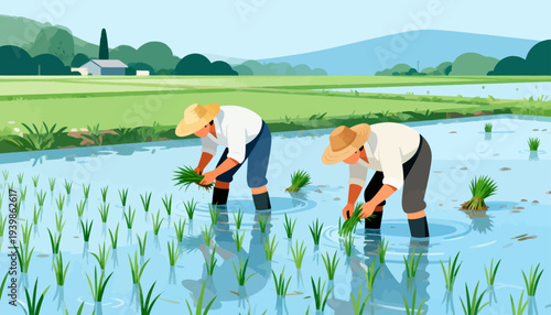 Two farmers work knee-deep in a flooded rice field. They wear hats and bend to plant young green shoots. Sunlight glows softly over the calm water surface