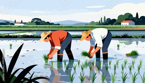 Two farmers work in shallow rice fields. They bend, planting young shoots by hand. The sky is soft blue with gentle clouds. Green shoots rise from calm water. Their focus shows dedication to the land