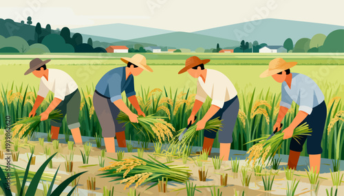 Farmers harvest rice in golden fields under gentle sunlight. They bend low, working in rhythm with the season's bounty. Green stalks yield to their hands, each sheaf a symbol of effort