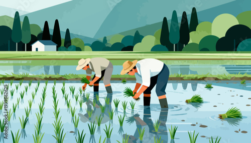 Two farmers work in a shallow rice paddy. They bend low, planting young shoots with care. Reflections ripple gently on the water's surface. Green hills and a distant house frame the tranquil scene