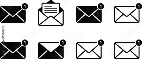 Email notification envelope icon set showing unread message alerts, inbox communication symbols, black and white mail icons for app interface and web UI design
