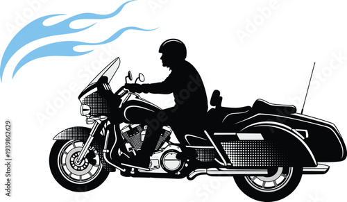 Silhouette of a biker riding a touring motorcycle with blue flame speed trail design for automotive racing lifestyle
