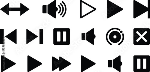 Media player control icon set featuring play pause stop volume next previous buttons, black and white multimedia symbols for music video apps and web interface design