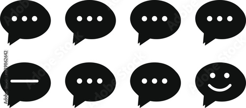 Chat bubble icon set with typing dots, smile message symbols, black speech balloons for messaging apps, communication UI, customer support and social media design