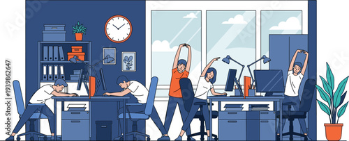 Diverse Office Employees Performing Desk Exercises and Stretching in Modern Workspace for Workplace Wellness and Ergonomics Concept Illustration