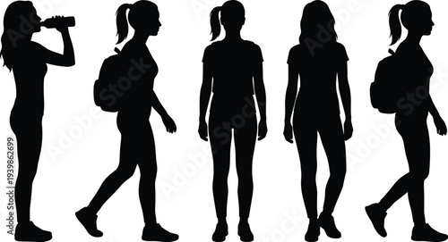 Black silhouette of a young woman drinking water walking with a backpack and standing in various poses on white background