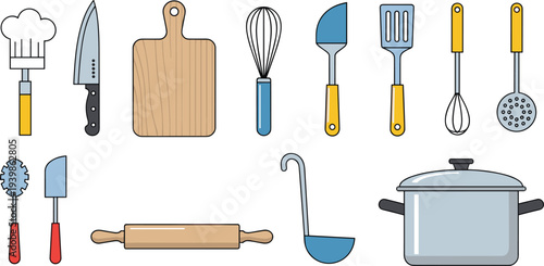 Colorful kitchen utensils and cookware collection including knife, cutting board, whisk, spatula, slotted spoon, rolling pin, ladle, pot, and pastry tools for cooking