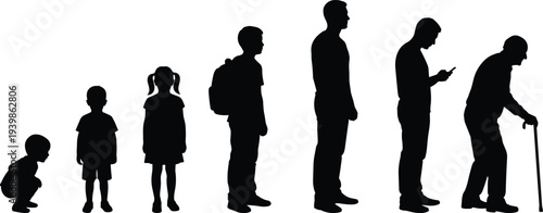 WebBlack silhouettes of male life cycle from baby to elderly man, aging process stages of growth and development maturity progress,