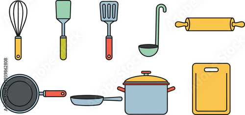 Colorful collection of essential kitchen utensils and cookware including whisk, spatula, ladle, frying pan, rolling pin, pot, and cutting board for cooking preparation
