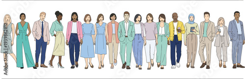 Large Group of Diverse Men and Women Professionals Standing Together in Business Casual Attire for Corporate Teamwork and Community Concepts