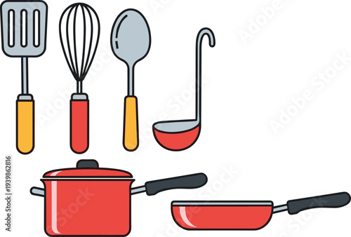 Colorful kitchen utensils and cookware collection including spatula, whisk, spoon, ladle, cooking pot, and frying pan — perfect for cooking, food preparation, and culinary themes