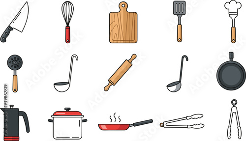 Colorful kitchen utensils and cookware collection including knife, whisk, cutting board, spatula, ladle, frying pan, kettle, pot, and tongs for cooking preparation