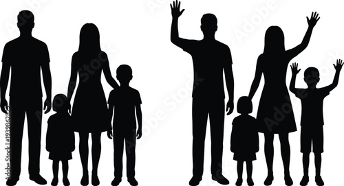Black silhouettes of happy family with father mother and children standing together and waving hands on white background for summer,