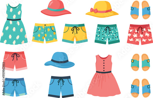 Colorful summer clothing and accessories collection including dresses, shorts, hats, and sandals — perfect for seasonal fashion inspiration, retail catalogs, and warm weather outfit planning