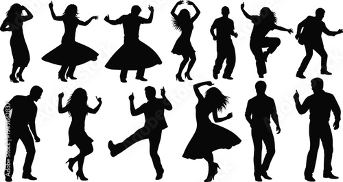 Dynamic silhouettes of diverse dancers in expressive poses showcasing rhythm, movement, and energy — perfect for themes of music, celebration, and artistic performance