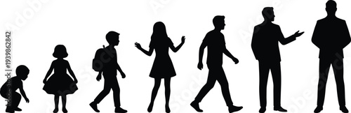 WebBlack silhouettes of human life cycle from baby to adult man, aging process stages of growth, development and maturity progress,