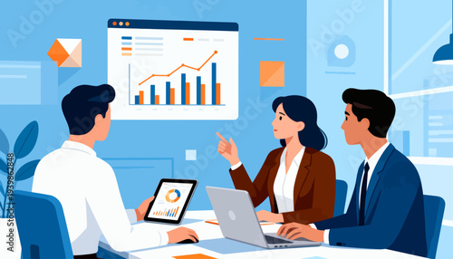 Three professionals meet around a table in a bright office. Woman gestures toward a chart, pointing with enthusiasm. Man holds a tablet showing a circular graph. Another man looks at a laptop