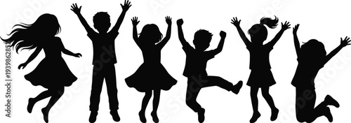 Black silhouettes of happy children jumping and playing together on white background, group of kids celebrating summer fun and joy