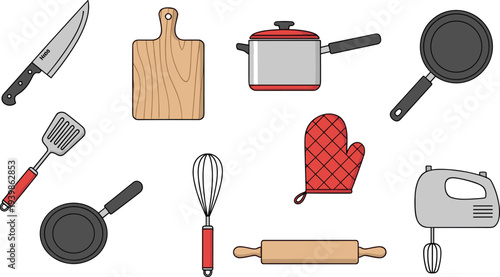 Essential kitchen utensils and cookware collection including knife, cutting board, pot, frying pan, spatula, whisk, oven mitt, rolling pin, and hand mixer for cooking preparation