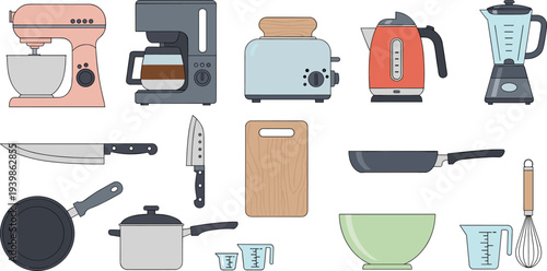 Essential kitchen appliances and utensils collection including mixer, coffee maker, toaster, kettle, blender, knives, pots, pans, and whisk — perfect for cooking and food preparation