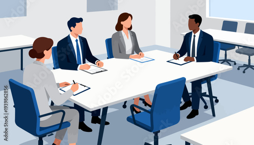 Five professionals sit around a long conference table. They appear focused, engaged in discussion or note-taking. Blue chairs and a clean, modern office environment surround them