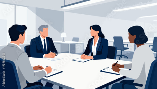 Four professionals sit around a modern conference table. They engage in a focused business meeting. Each person shows concentration, taking notes attentively