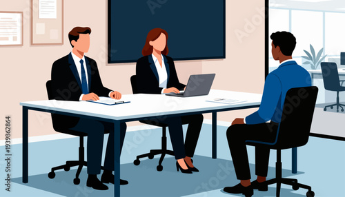 Three professionals meet in a modern office setting. Man, woman, and another man sit around a conference table. They appear focused, engaged in a business discussion. The woman uses a laptop