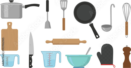 Flat design kitchen utensils and cookware collection including saucepan, frying pan, spatula, whisk, ladle, cutting board, knife, rolling pin, and mixing bowl for cooking themes