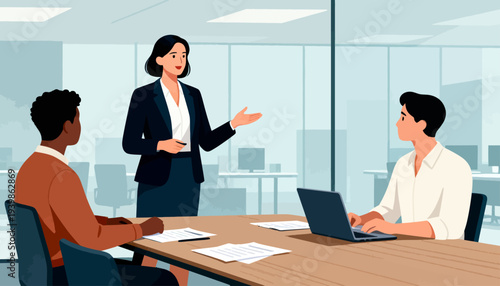 Three professionals gather in a modern office meeting room. Woman stands, gesturing while speaking to two colleagues. One sits, using a laptop, focused on the discussion. Another listens attentively