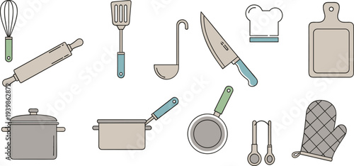 Flat design kitchen utensils and cookware collection including whisk, rolling pin, spatula, ladle, knife, cutting board, pots, pans, and oven mitt for cooking themes