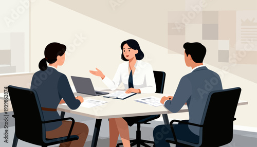 Three professionals meet around a modern conference table. The woman gestures as she speaks, indicating active discussion. Two colleagues listen attentively, seated with laptops open