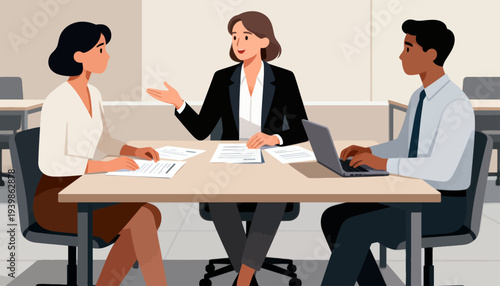 Three professionals meet around a conference table. They discuss business plans with focused expressions. The woman gestures while speaking to her colleagues. One person types on a laptop