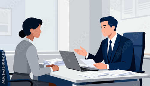 Woman and man engage in a professional meeting. Man gestures while speaking, showing confidence. Woman listens attentively, focused on conversation. They sit across a desk with laptop and documents