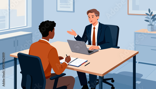 Two men sit at a desk. One gestures while speaking. The other listens, taking notes. Laptop sits open before him. The room is bright and minimal. Ideal for business or interview scenarios