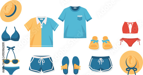 Summer beachwear clothing and accessories collection including bikinis, swim trunks, t-shirts, polo shirt, straw hats, sunglasses, sandals, and flip-flops — perfect for vacation fashion themes
