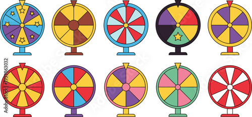 Colorful Collection of Fortune Wheel Spinners for Casino Games Gambling Luck Concept and Prize Giveaways Flat Vector Illustration