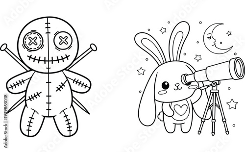 Cute Cartoon Voodoo Doll with Pins and Kawaii Bunny Rabbit Using Telescope Under Crescent Moon and Stars Vector