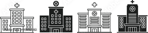 Set of hospital building vector icons with medical cross symbol in outline and solid black flat style design
