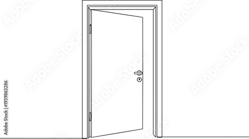 Simple black line art illustration of an open door in a frame representing opportunity welcoming and home entrance
